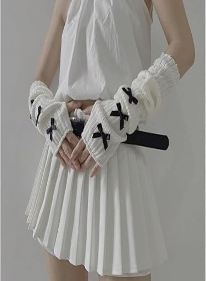 POHADON Women Knitted Arm Warmers Y2k Long Fingerless Gloves Cute Bow Arm Sleeve Cosplay Lolita Gyaru Accessories (White-black bow,One Size) - Image 5
